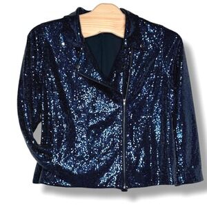 Colleen Lopez Womens Navy Blue Sequin Moto Jacket Blazer 2X Evening Glam‎